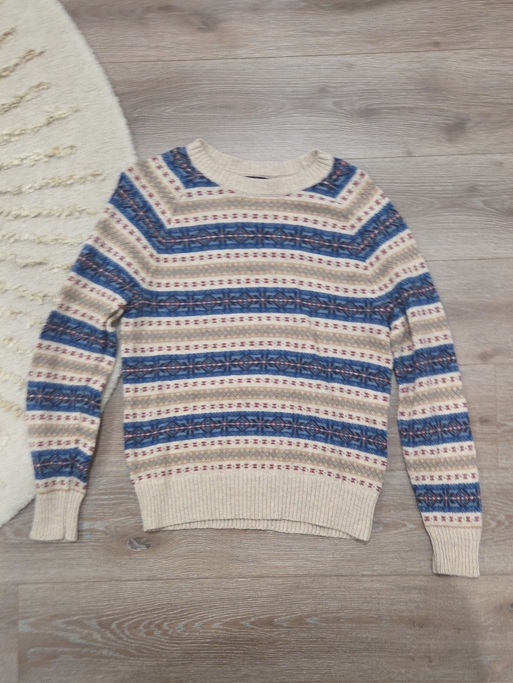 J. Crew Cream Crewneck Sweater with Blue Fair Isle Pattern